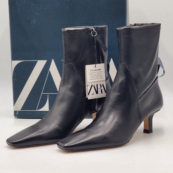 Zara Black Leather Kitten Heel Booties - NWT - Picture 9 of 16